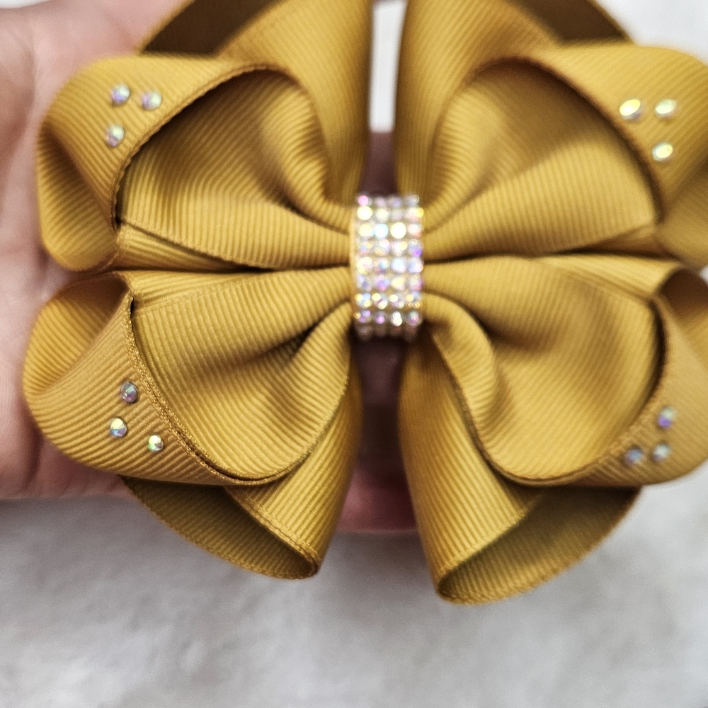Elegant Mustard Hair Bow with Rhinestones
